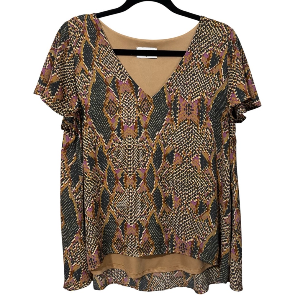 Adrienne Brown and Pink Snake Print V-Neck Blouse Flutter Sleeve V Neck